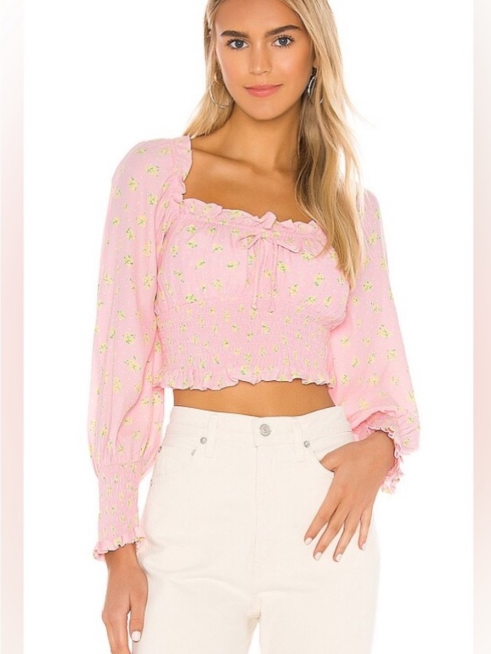 Faithfull the Brand Pink Floral Smocked Long-Sleeve Crop Top